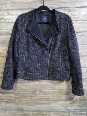 GAP Black Speckled Tweed Asymmetrical Moto Jacket Size Medium